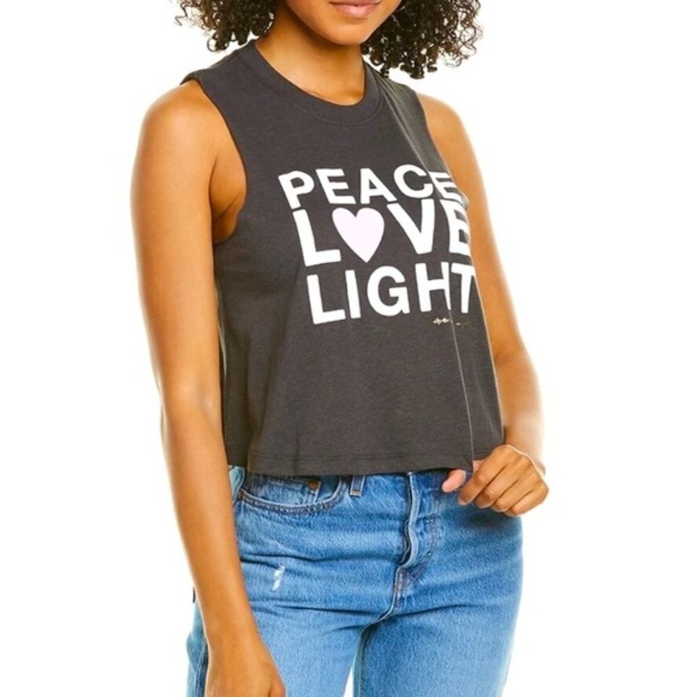 New Spiritual Gangster Peace Love Light Graphic Print Sleeveless Crop Tank Top - Picture 2 of 7